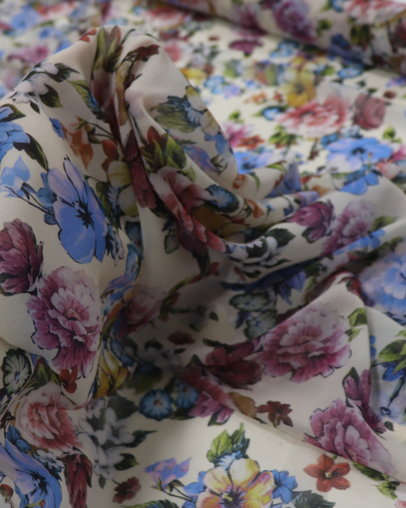 Tecido Crepe Chiffon Toque de Seda Italiano Multi Floral Colorido e Pêssego