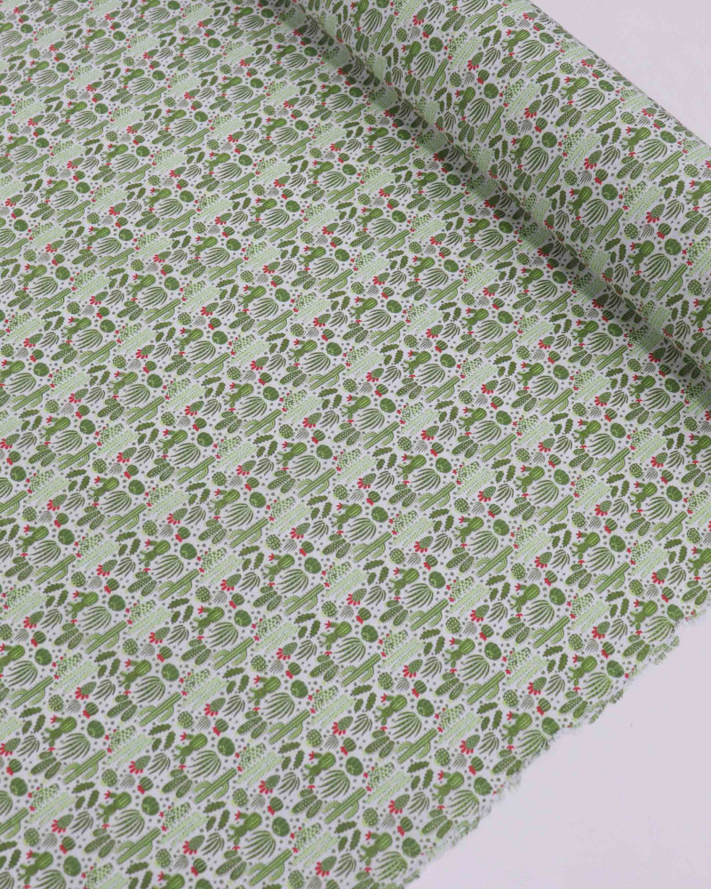 Tecido Tricoline Mista Cactos Tons de Verde e Branco