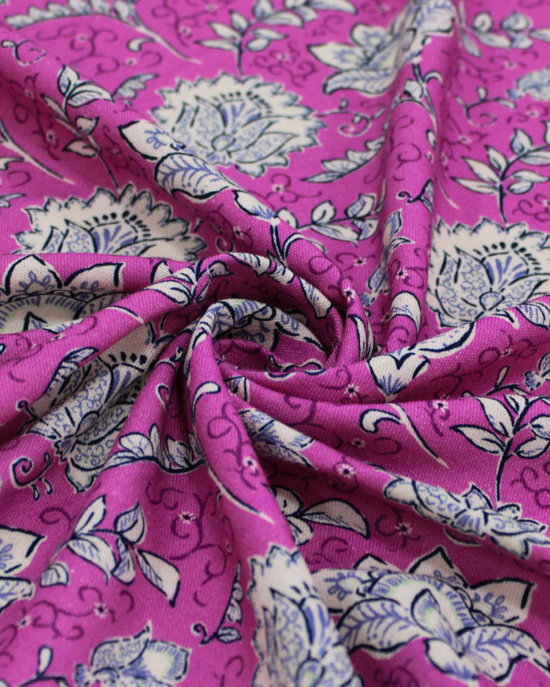 Tecido Linho Misto Rústico Premium Ramos Florais Offwhite e Fúcsia