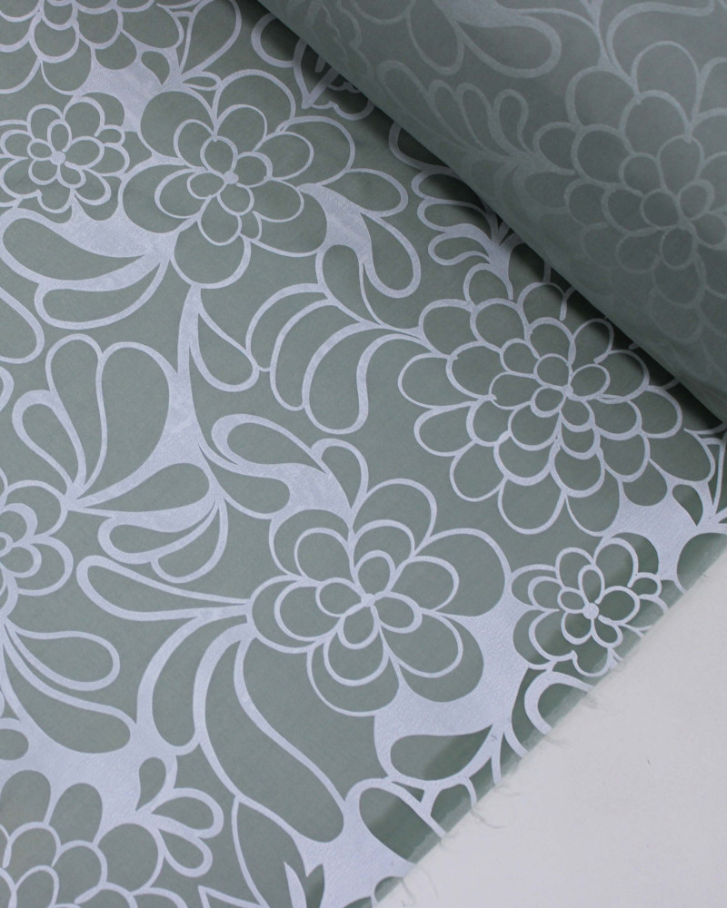 Tecido Tactel Fino Pétalas Abstratas Branco e Verde Acinzenado