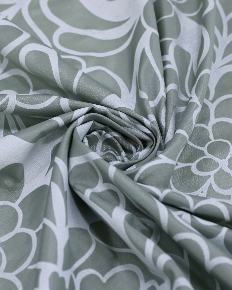 Tecido Tactel Fino Pétalas Abstratas Branco e Verde Acinzenado