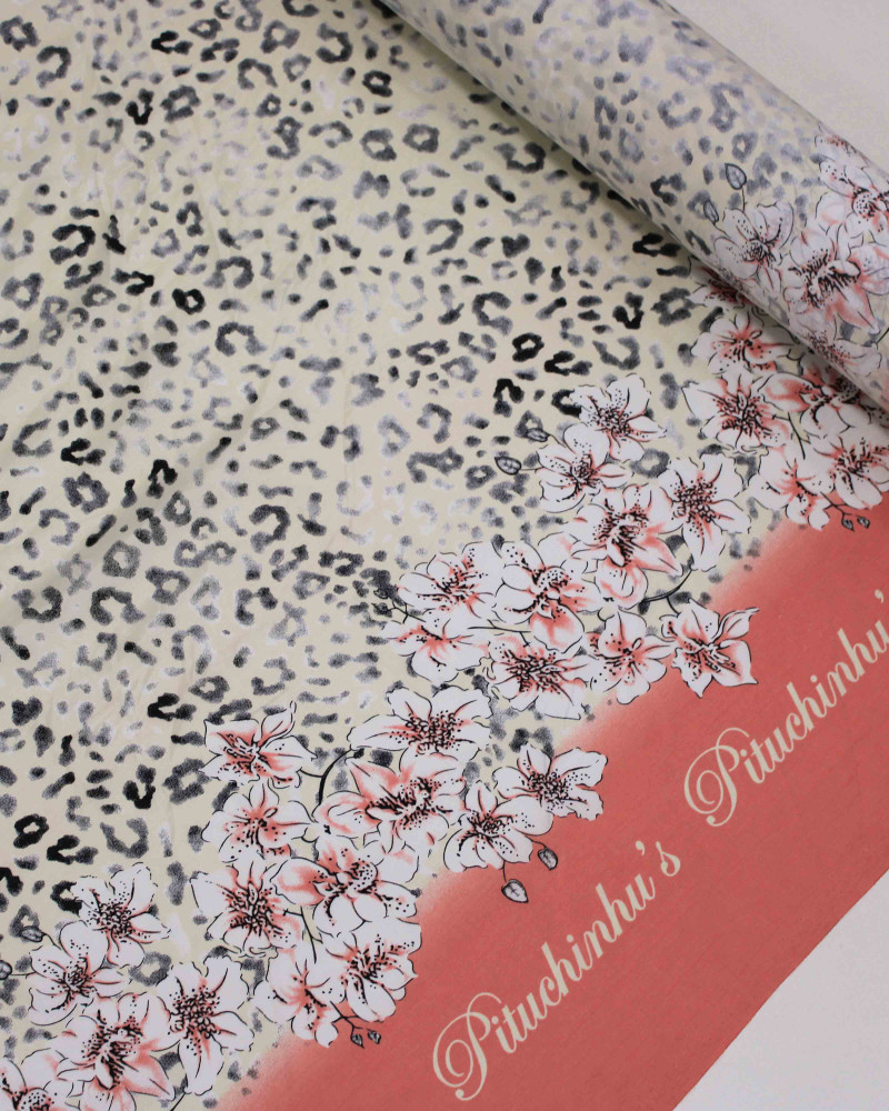 Tecido Tactel Fino Barrado Duplo Floral e Animal Print Estonado