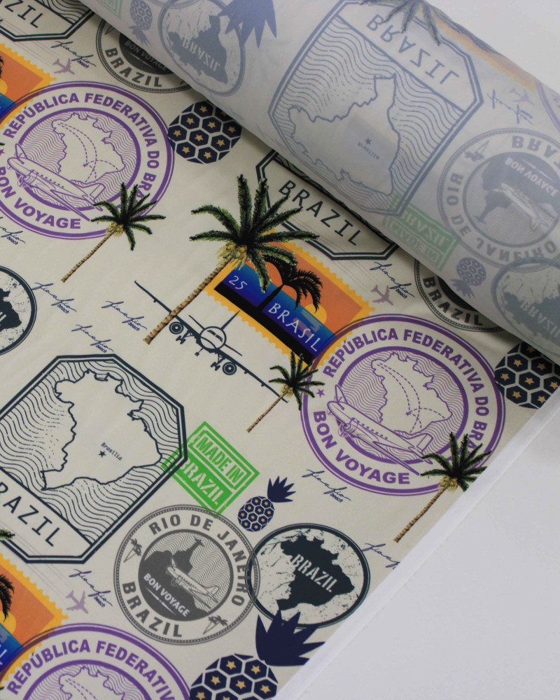 Tecido Crepe Salinas Brasilidade Estampa em Recortes Colorido e Pérola