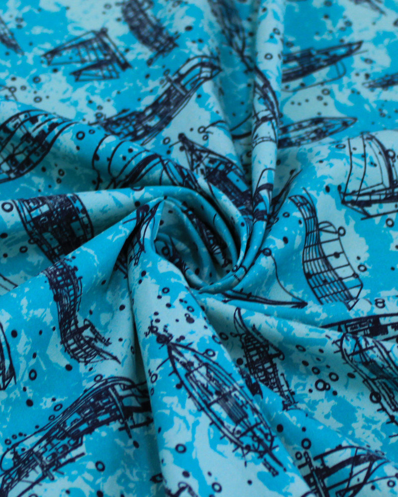 Tecido Tactel Barcos em Rascunho Tons de Azul