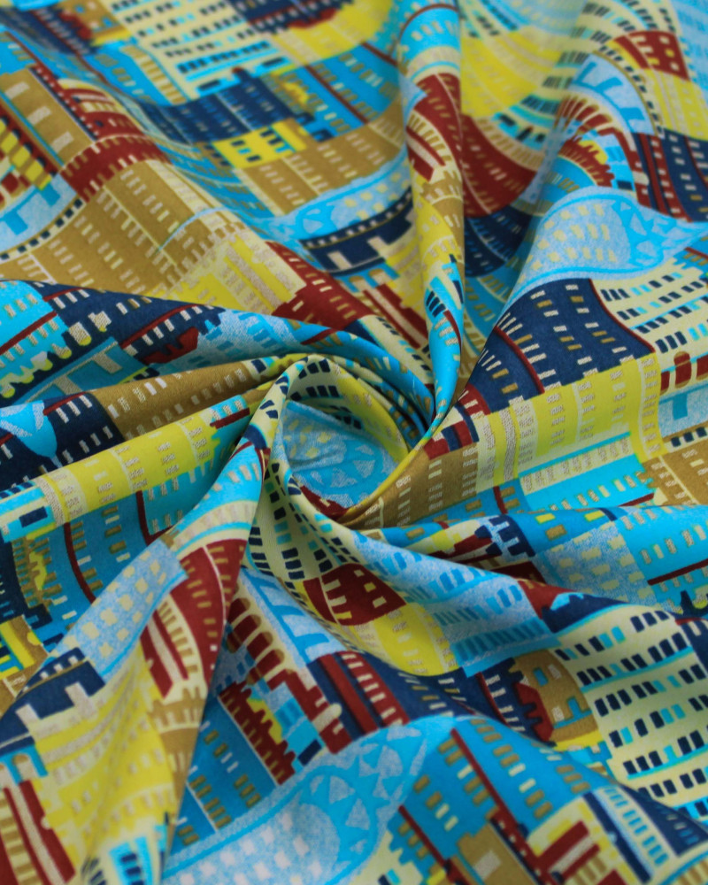 Tecido Tactel Fino Prédios Abstratos Coloridos