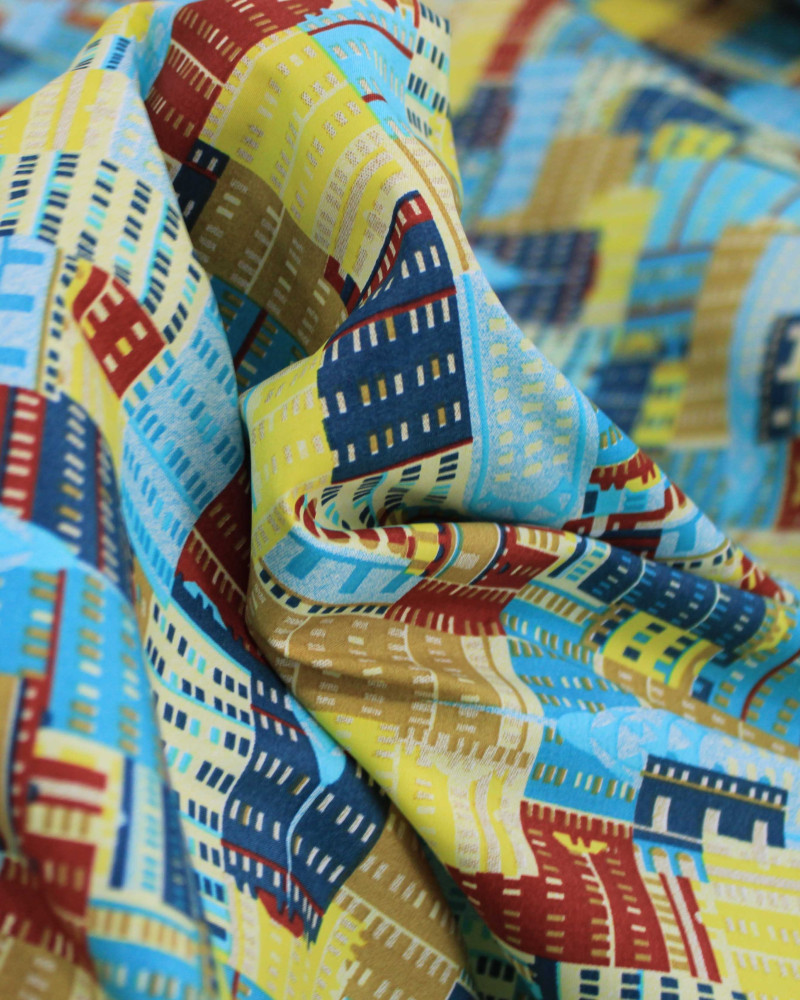 Tecido Tactel Fino Prédios Abstratos Coloridos