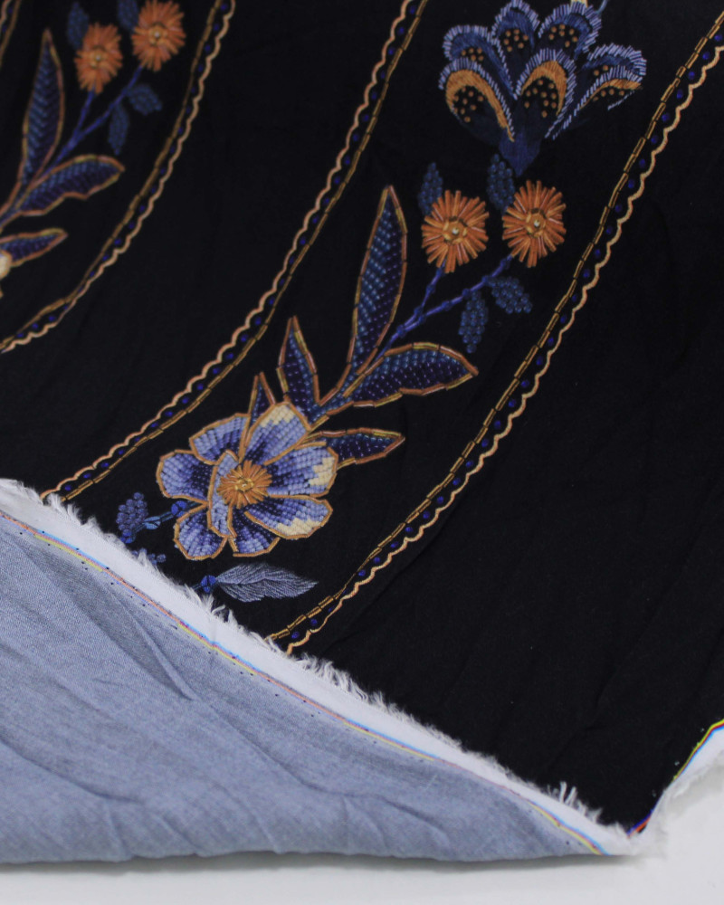 Tecido Viscose Premium Multi Listras Florais Tons de Azul, Amarelo e Preto