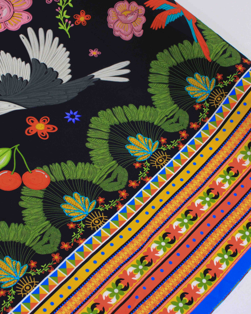 Tecido Viscose Premium Barrado Colorido, Pássaros e Flores Colorido e Preo
