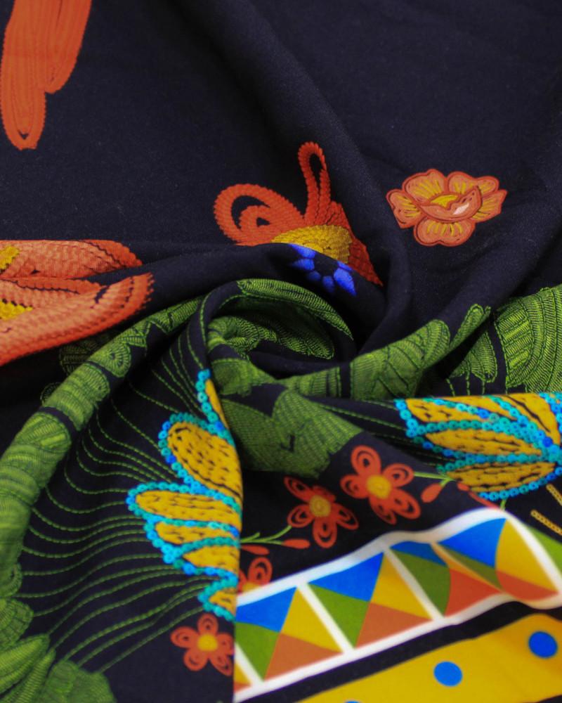 Tecido Viscose Premium Barrado Colorido, Pássaros e Flores Colorido e Preo