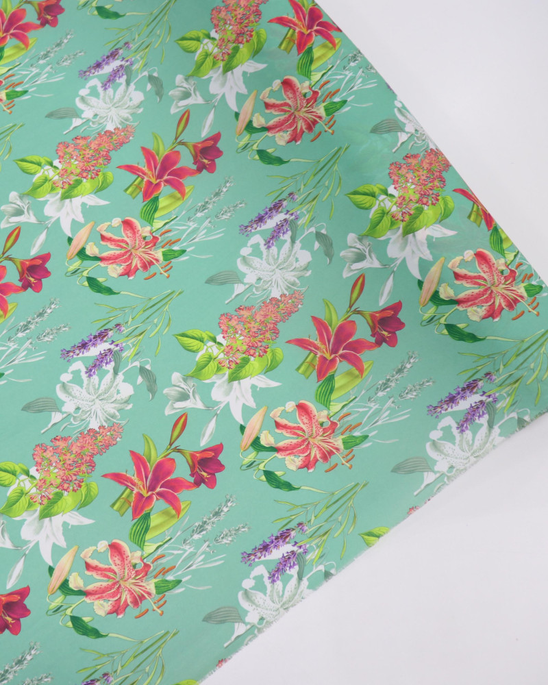 Tecido Crepe GGT Orquídeas e Ramos Magenta e Verde Jade