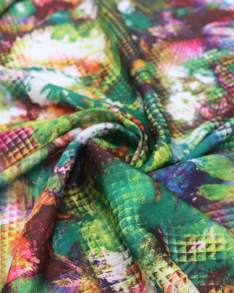 Tecido Crepe Silk Pintura Floral e Geométrico Tons Vibrantes