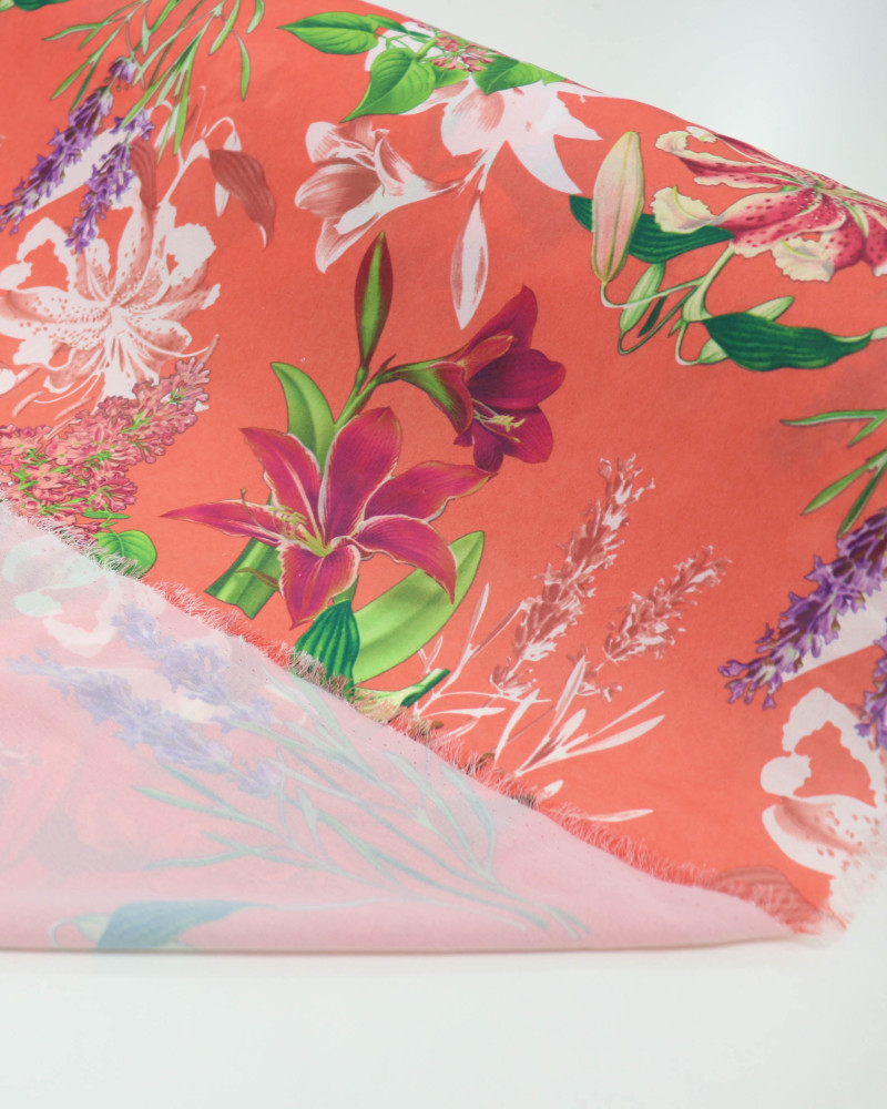 Tecido Crepe GGT Orquídeas e Ramos Magenta e Coral