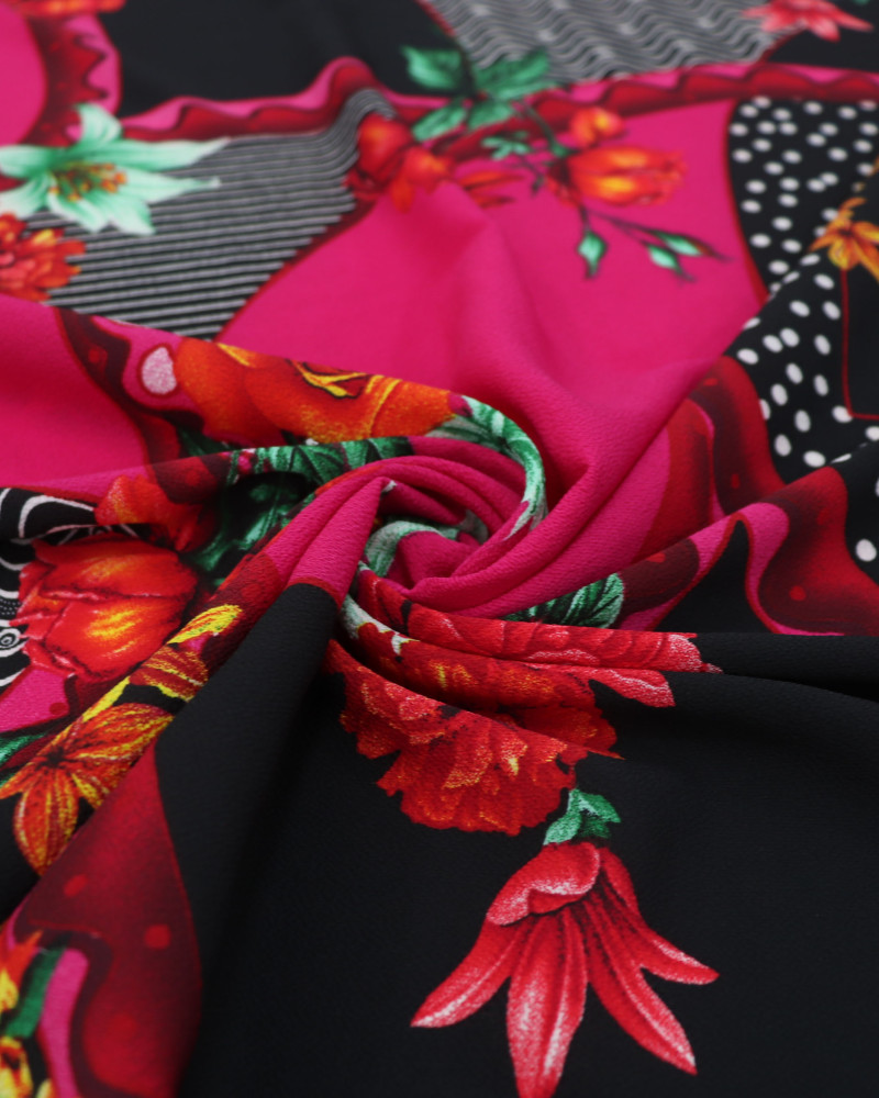Tecido Crepe Bubble Multi Estampado Rosa e Preto