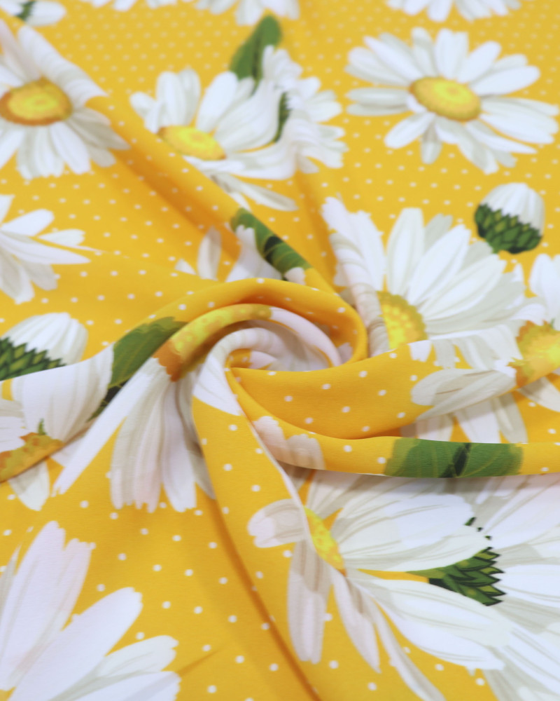 Tecido Crepe GGT Margaridas e Micro Poá Branco e Amarelo
