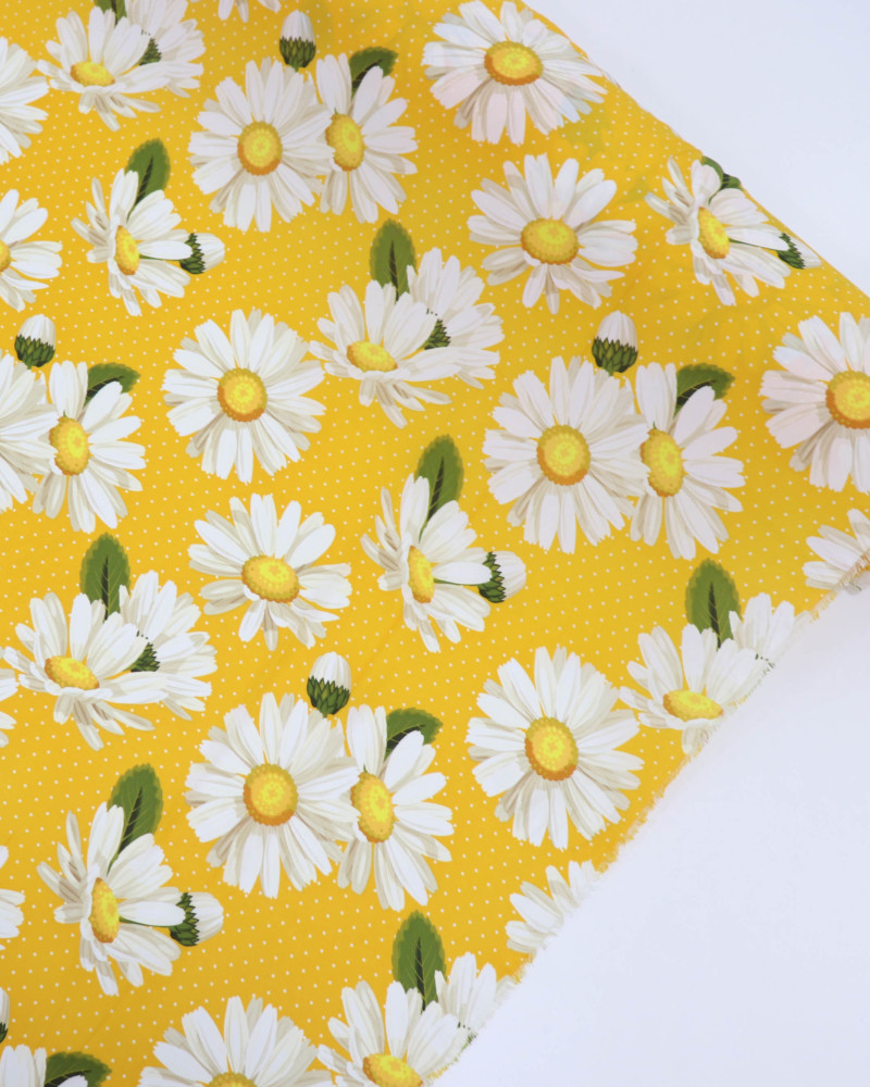 Tecido Crepe GGT Margaridas e Micro Poá Branco e Amarelo