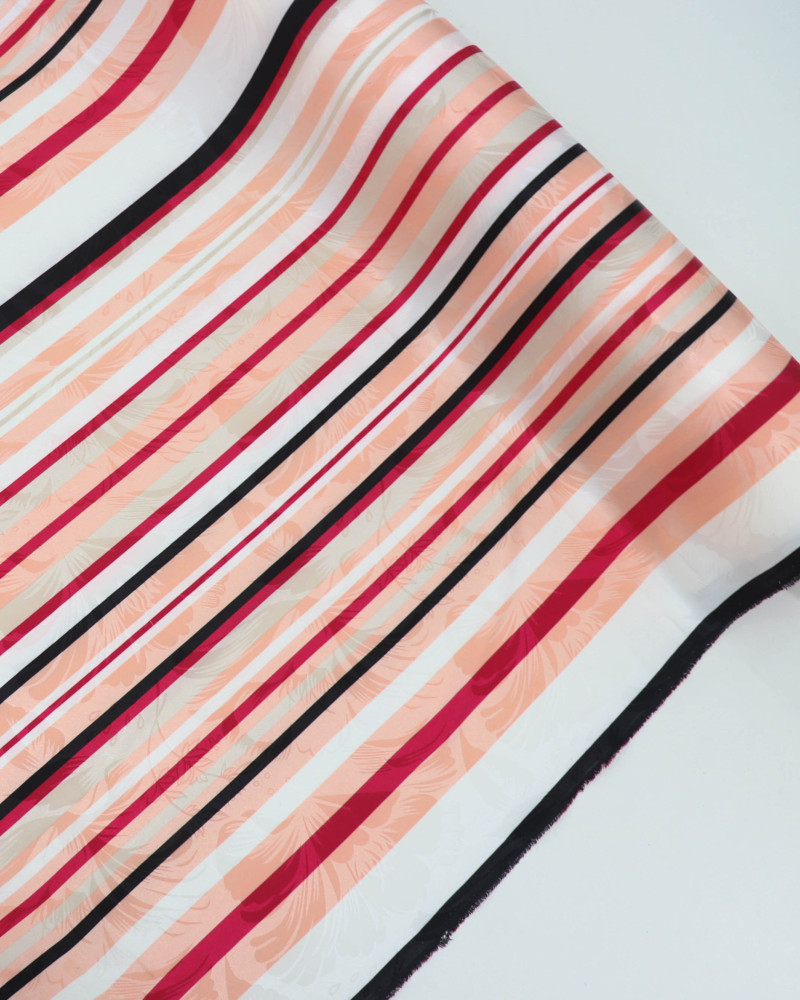 Tecido Crepe Silk Brocado Floral e Listras Vermelho e Salmão