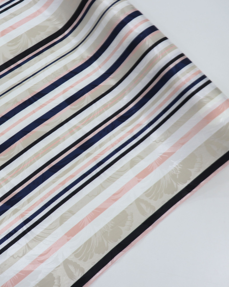 Tecido Crepe Silk Brocado Floral e Listras Azul Marinho e Bege