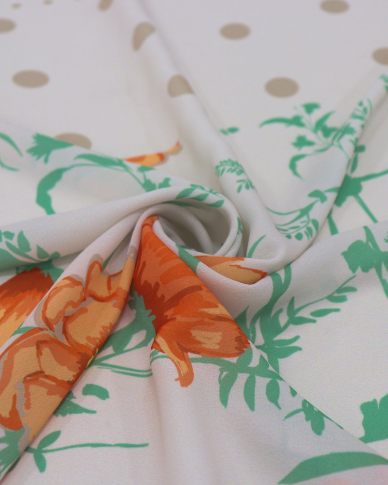 Tecido Crepe GGT Fino Poá e Floral Laranja e Bege