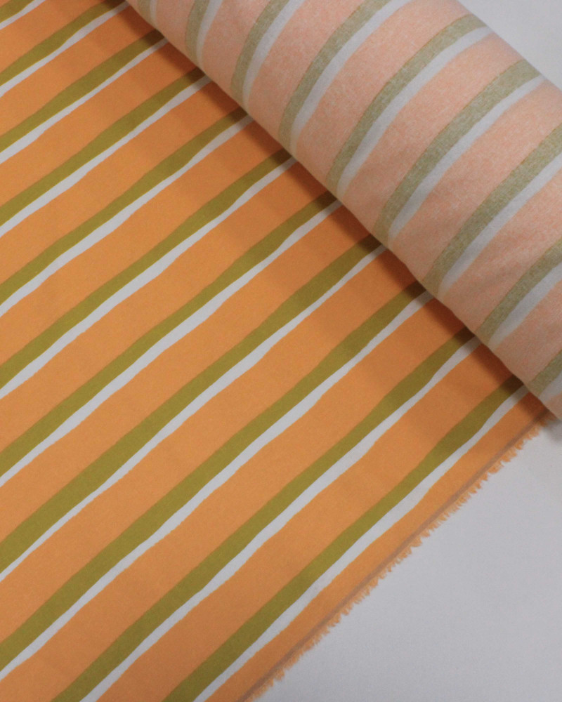 Tecido Linho Misto Listra Dupla Branco, Amarelo Mostarda e Coral