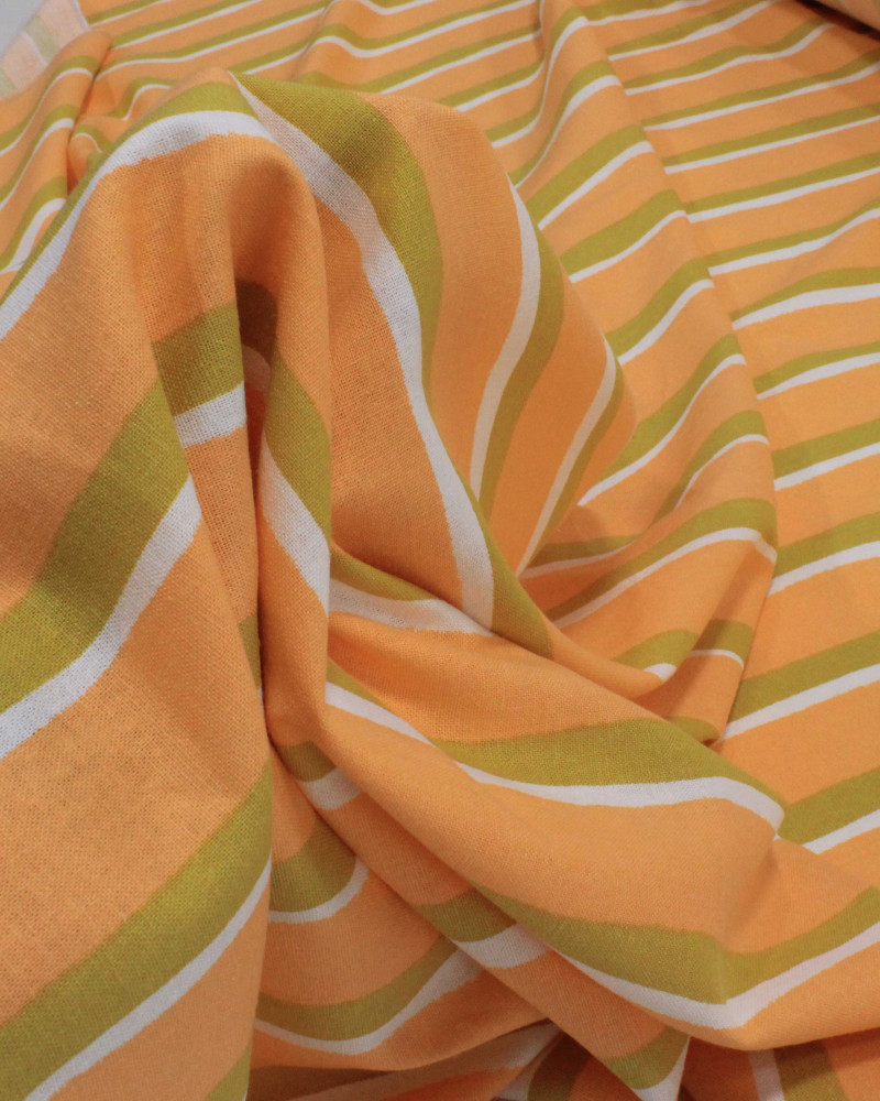 Tecido Linho Misto Listra Dupla Branco, Amarelo Mostarda e Coral
