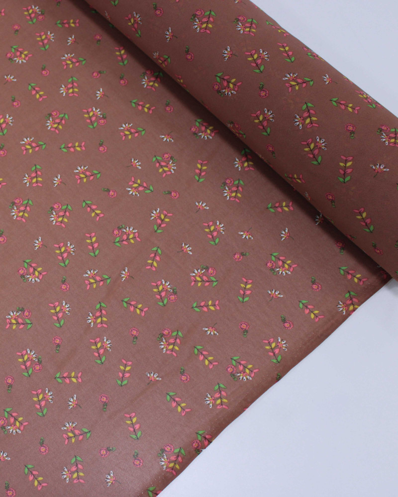 Tecido Crepe Chiffon Grosso Micro Ramos e Flores Verde, Rosa e Castanho
