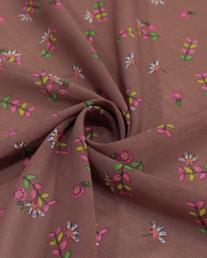 Tecido Crepe Chiffon Grosso Micro Ramos e Flores Verde, Rosa e Castanho