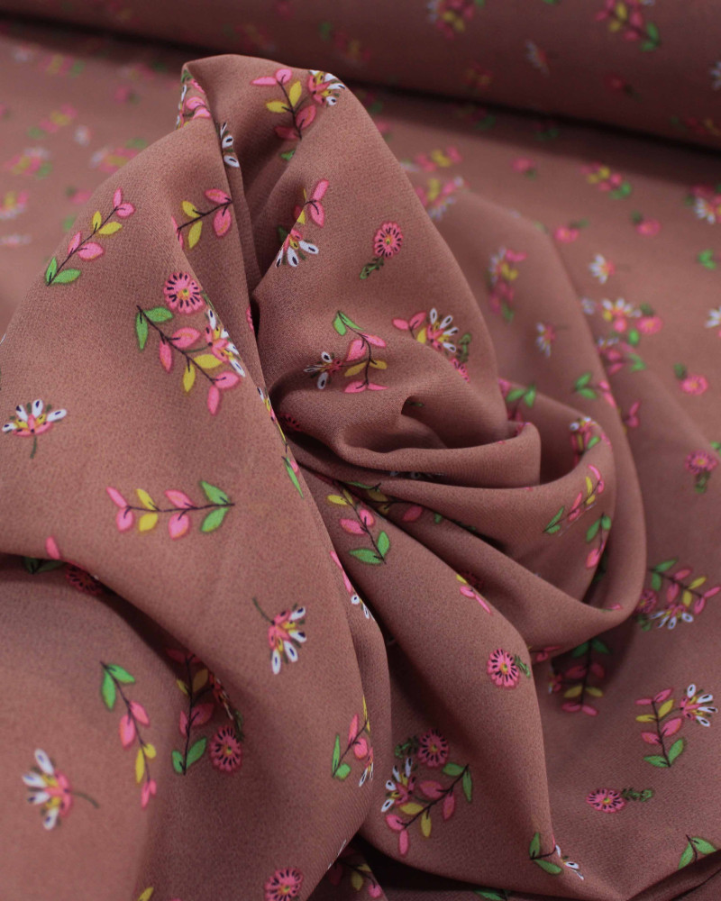 Tecido Crepe Chiffon Grosso Micro Ramos e Flores Verde, Rosa e Castanho