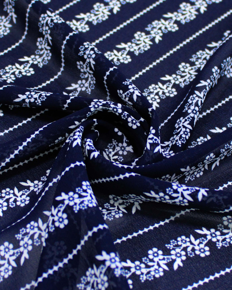Tecido Crepe Chiffon Grosso Micro Flores em Listras Branco e Preto