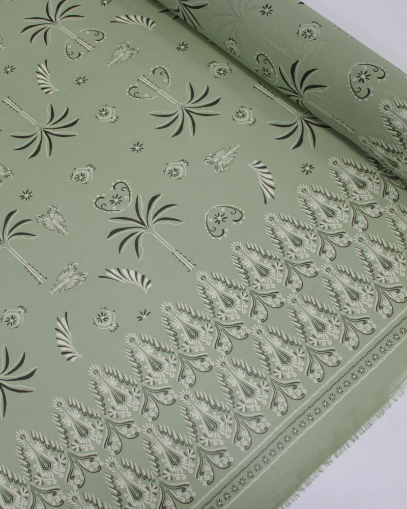 Tecido Crepe Chiffon Grosso Barrado Duplo Arabescos e Palmeiras Creme e Tons de Verde