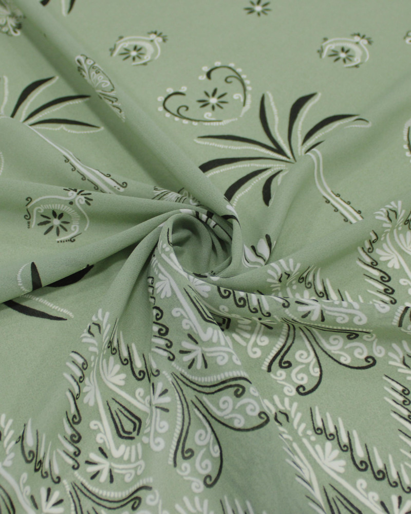 Tecido Crepe Chiffon Grosso Barrado Duplo Arabescos e Palmeiras Creme e Tons de Verde