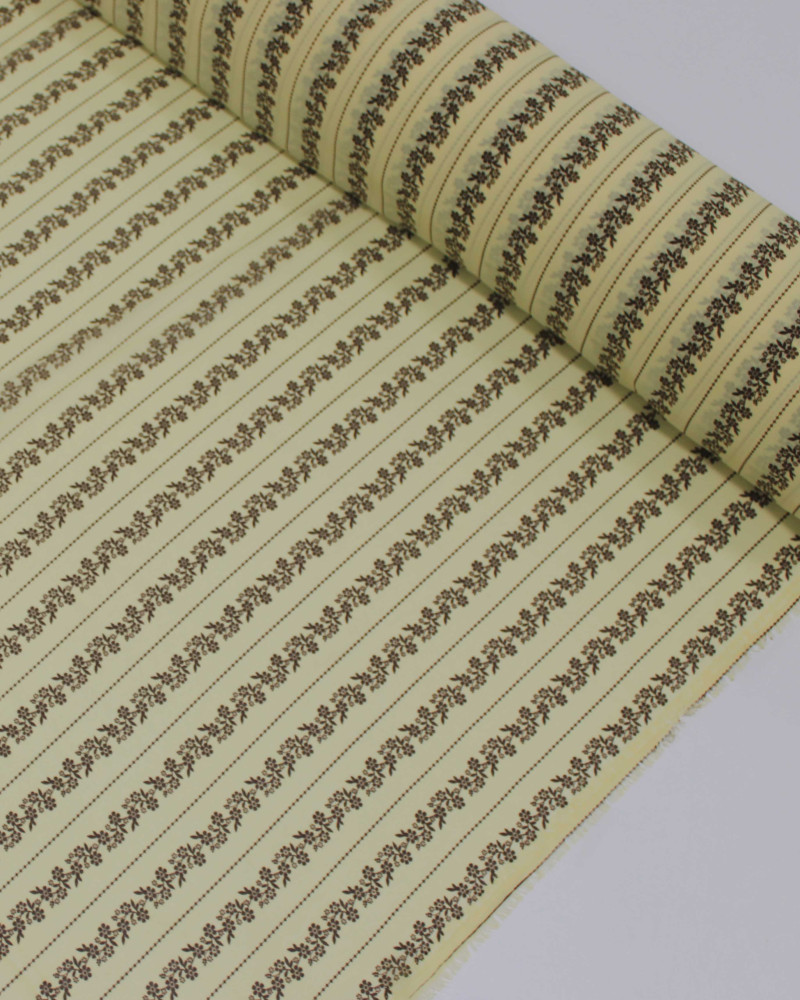Tecido Crepe Chiffon Grosso Micro Flores em Listras Marrom e Amarelo Requinte