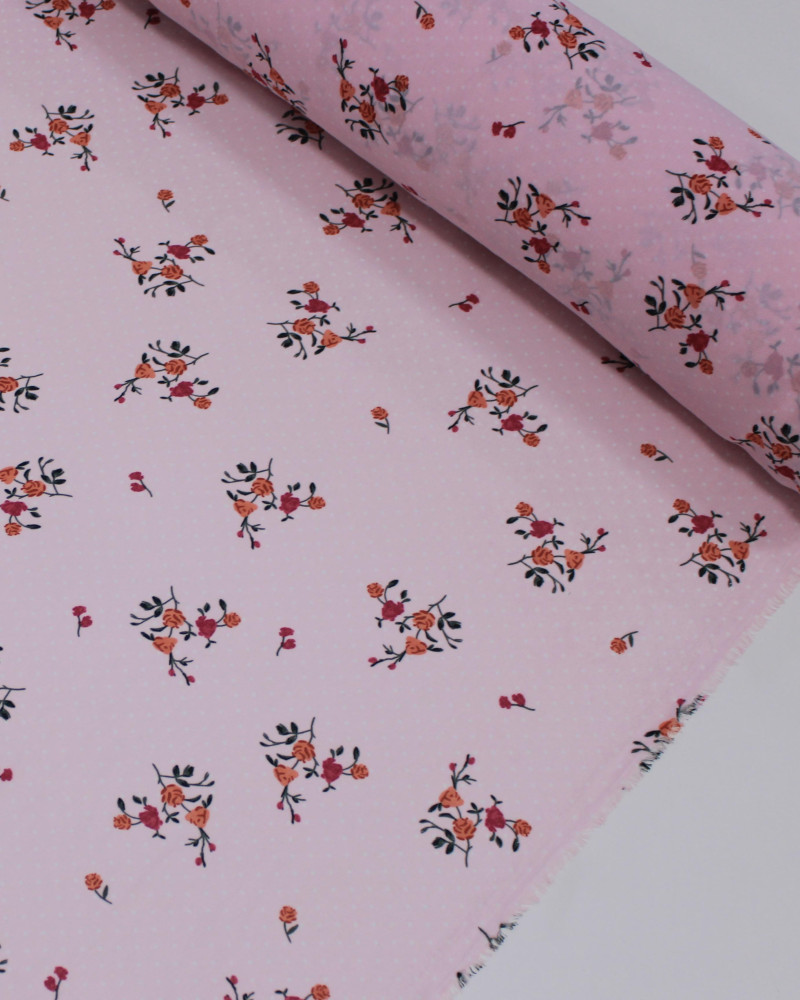 Tecido Crepe Chiffon Grosso Micro Poá e Rosas Branco, Colorido e Rosa Bebê