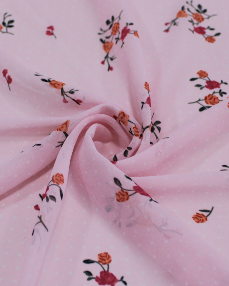 Tecido Crepe Chiffon Grosso Micro Poá e Rosas Branco, Colorido e Rosa Bebê