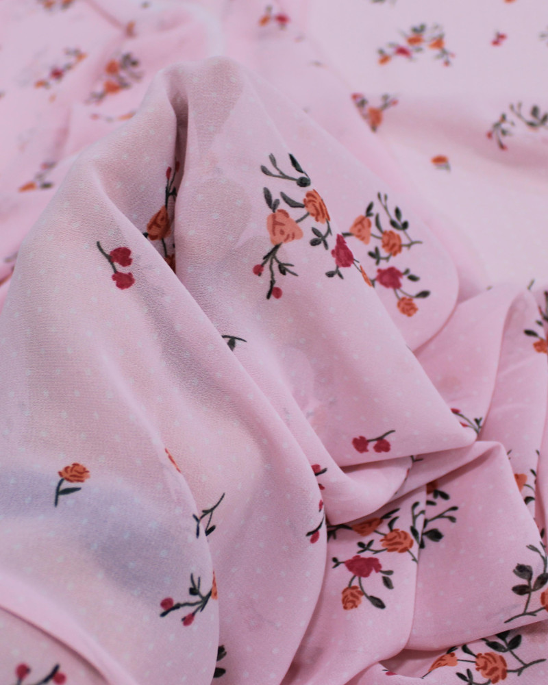 Tecido Crepe Chiffon Grosso Micro Poá e Rosas Branco, Colorido e Rosa Bebê