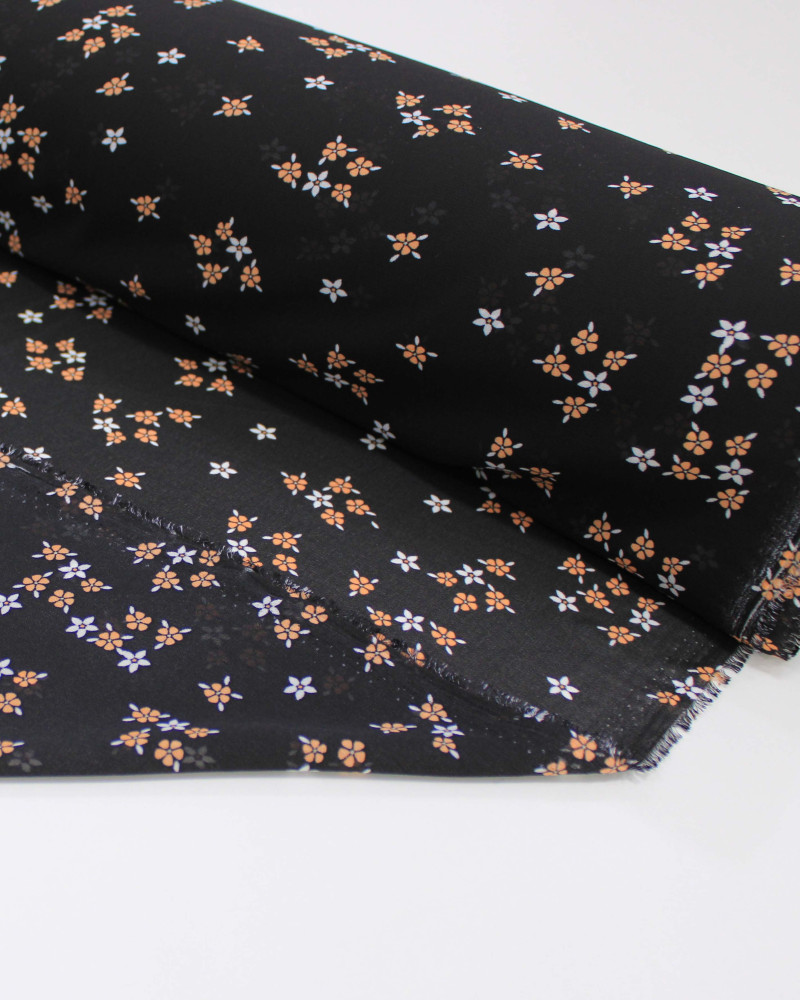 Tecido Crepe Chiffon Grosso Micro Flores Laranja, Branco e Preto