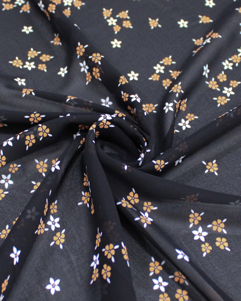 Tecido Crepe Chiffon Grosso Micro Flores Laranja, Branco e Preto