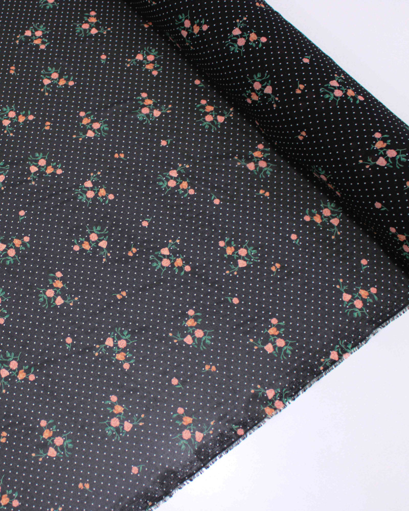 Tecido Crepe chiffon Grosso Micro Poá e Rosas Branco, Colorido e Preto