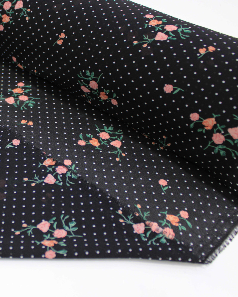 Tecido Crepe chiffon Grosso Micro Poá e Rosas Branco, Colorido e Preto