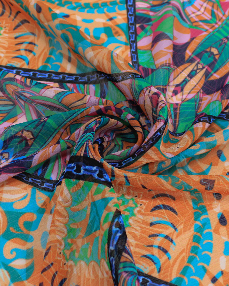 Tecido Crepe Chiffon Texturizado Italiano Multi Estampas em Recortes Colorido e Laranja