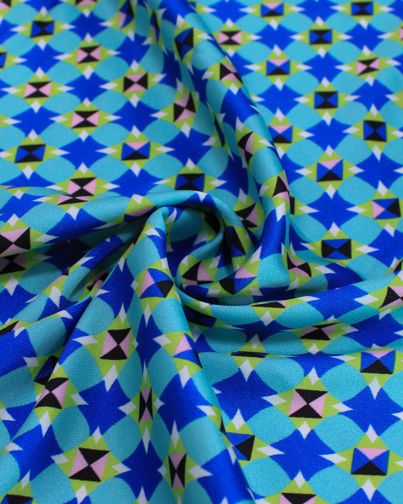 Tecido Crepe Silk Italiano Micro Estampa Geométrica Colorido e Tons de Azul