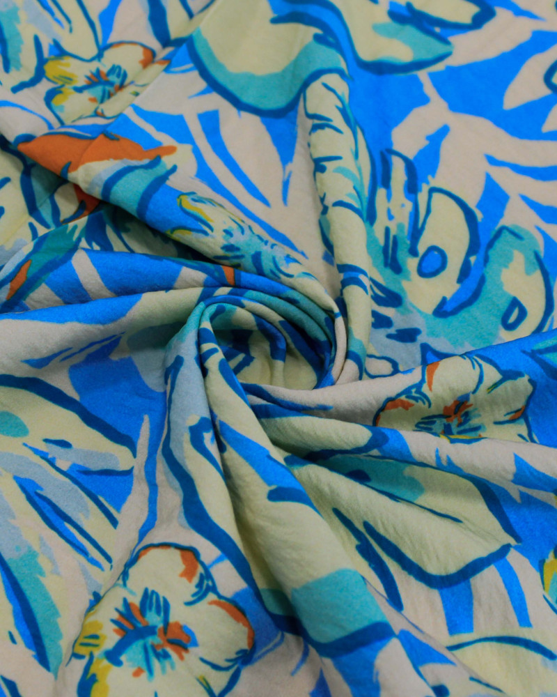 Tecido Viscose Mista Italiano Campo de Folhas Colorido e Azul (Com Leves Defeitos)