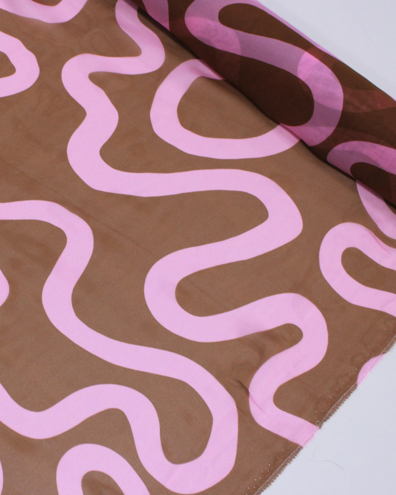 Tecido Crepe Chiffon Italiano Listra Abstrata Rosa e Castanho