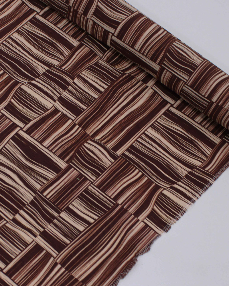 Tecido Viscose Mista Italiano Estampa Geométrica Irregular em Listras Bege e Marrom