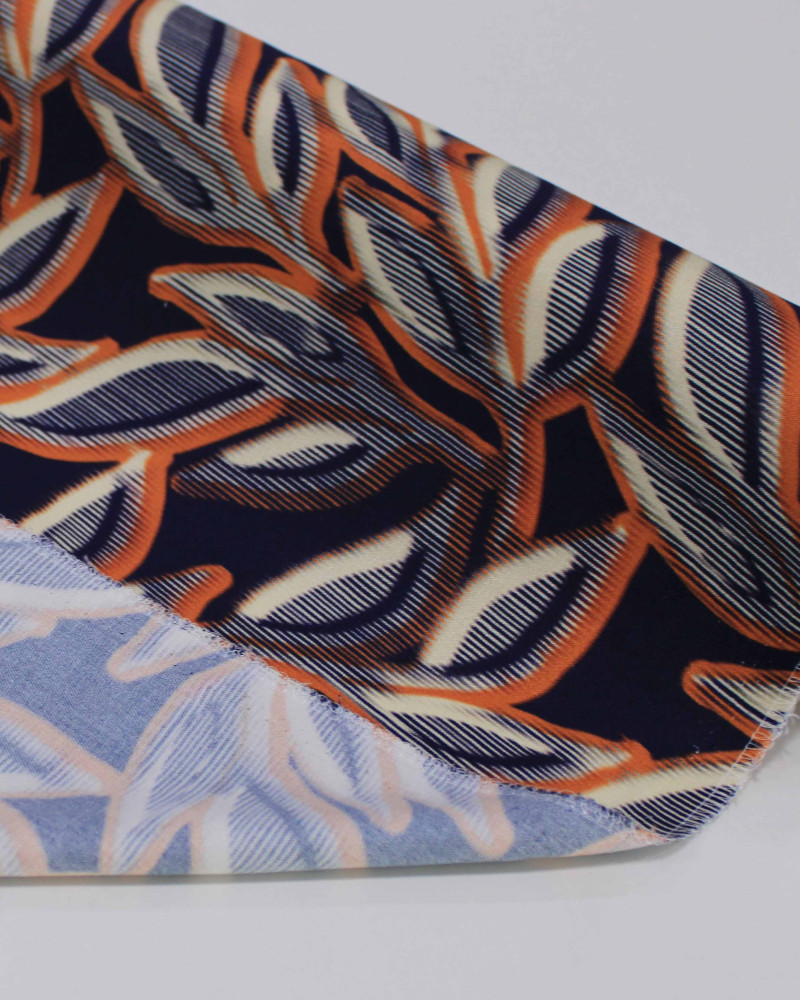 Tecido Viscose Italiano Barrado Macro Ramos Creme, Laranja e Azul Marinho