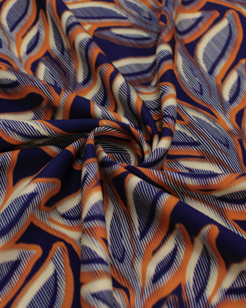 Tecido Viscose Italiano Barrado Macro Ramos Creme, Laranja e Azul Marinho