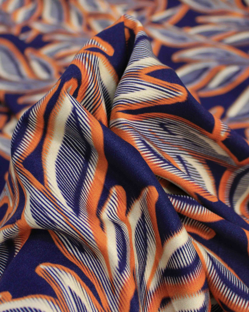 Tecido Viscose Italiano Barrado Macro Ramos Creme, Laranja e Azul Marinho