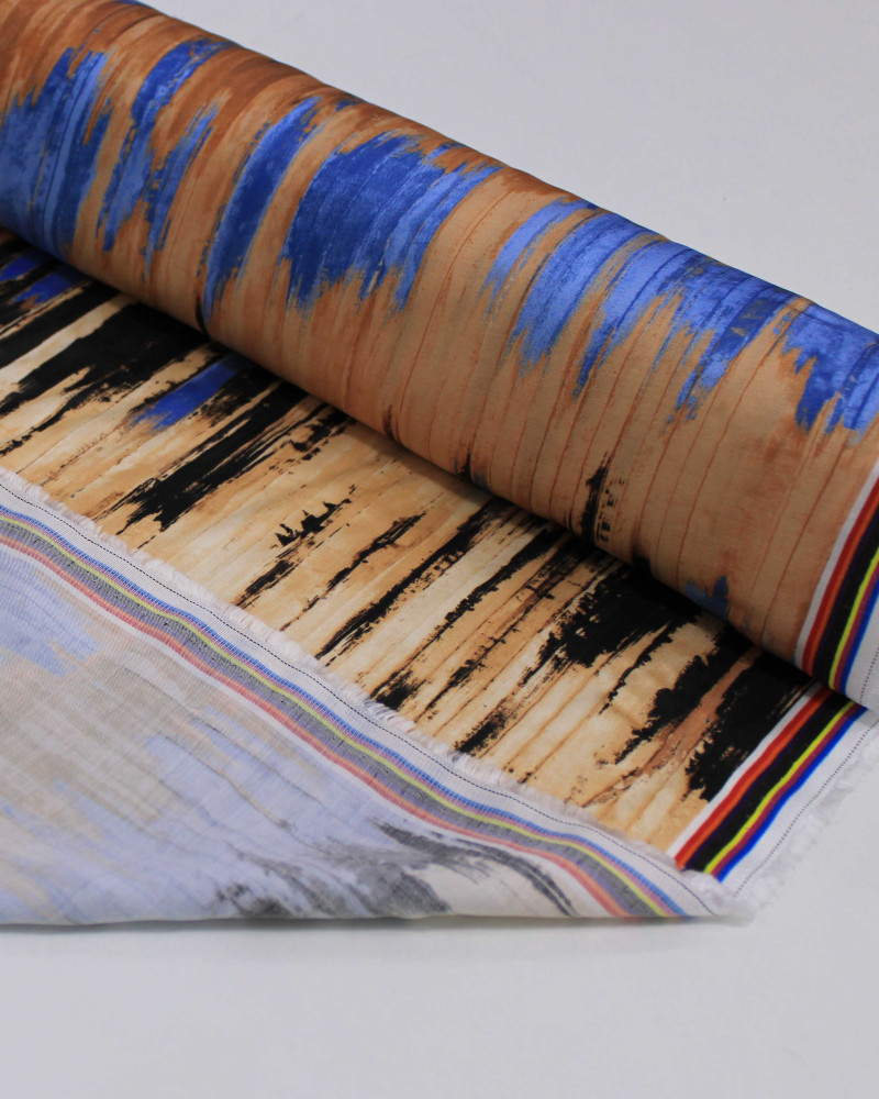 Tecido Viscose Mista Acetinada Italiano Listras Verticais em Tie Dye Tons Terrosos