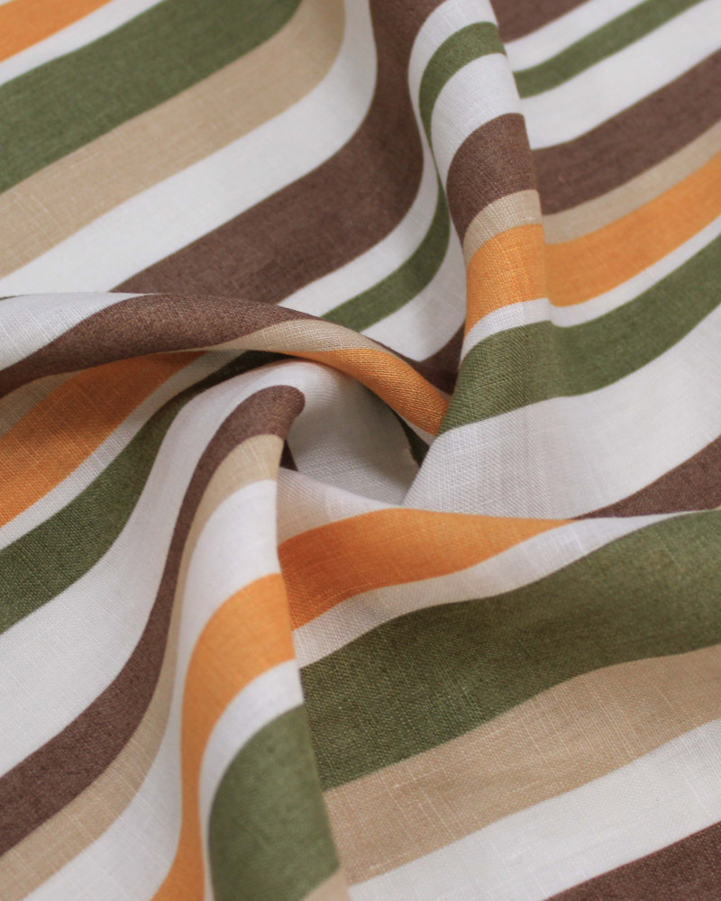 Tecido Linho Puro Italiano Multi Listras Laranja, Marrom e Verde