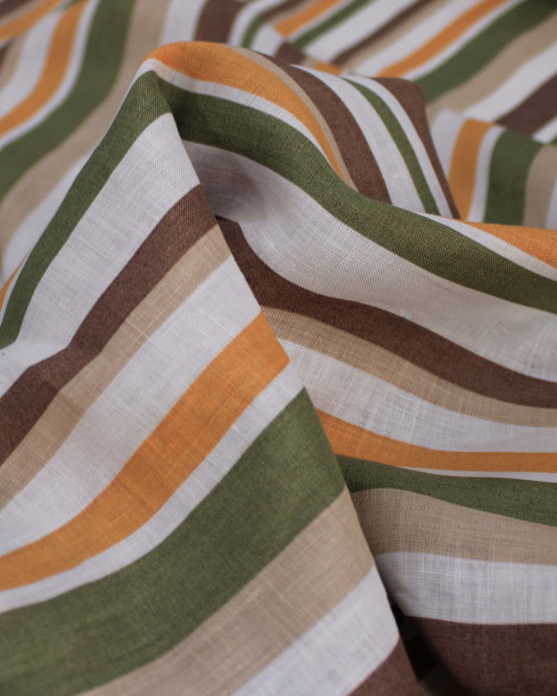Tecido Linho Puro Italiano Multi Listras Laranja, Marrom e Verde