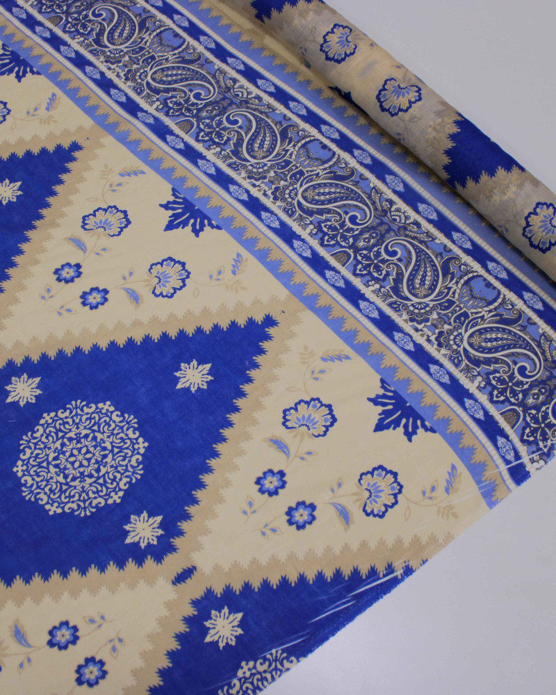 Tecido Linho Puro Italiano Barrado Vertical Muli Estampas Azul e Creme